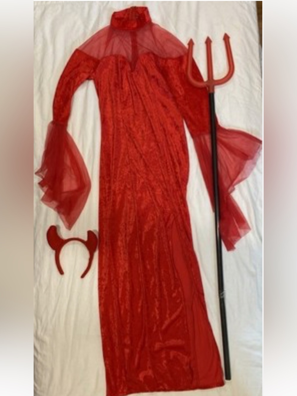 Women’s Red Devil Costume With Horn Headband, Crushed Red Velvet Dress